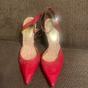 Brand new, never worn faux leather red ankle strapped pointy pumps